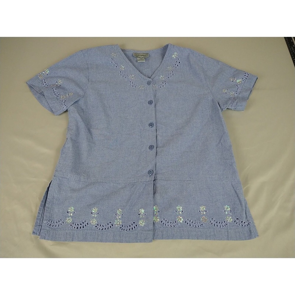 Jane Ashley Topβ Ladies M Blue Embroidery Beads Short Sleeve Cotton Lightweight